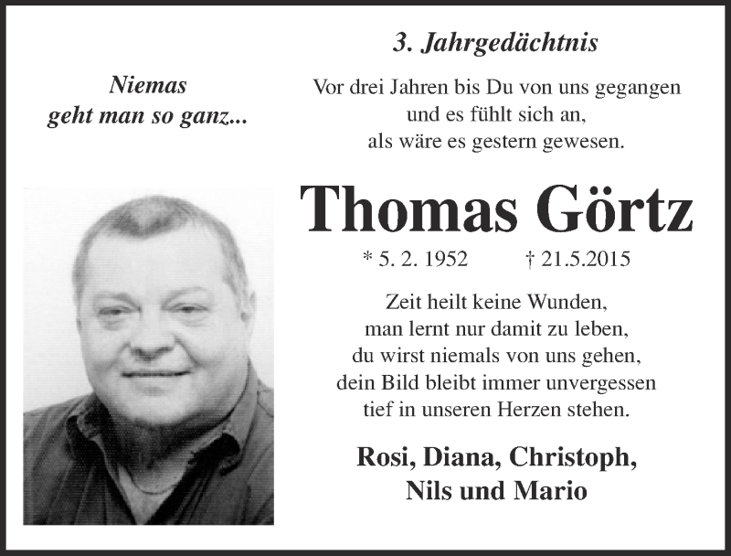  Traueranzeige für Thomas Görtz vom 21.05.2016 aus  Blickpunkt Euskirchen 