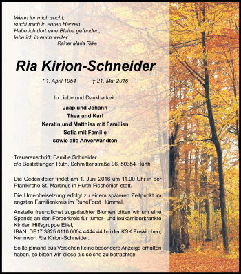 Anzeige von Ria Kirion-Schneider von Kölner Stadt-Anzeiger / Kölnische Rundschau / Express