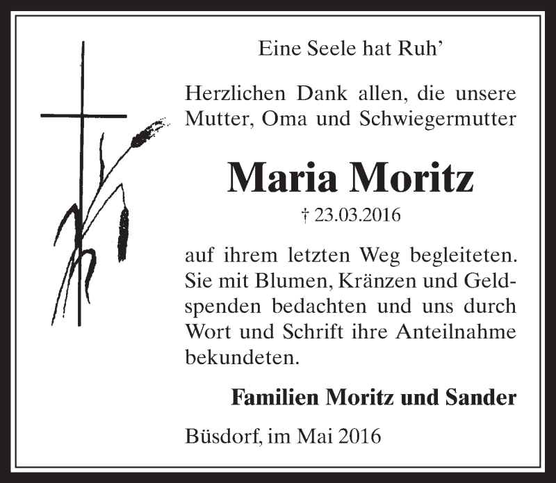  Traueranzeige für Maria Moritz vom 18.05.2016 aus  Werbepost 
