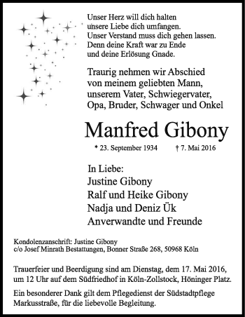 Anzeige von Manfred Gibony von Kölner Stadt-Anzeiger / Kölnische Rundschau / Express