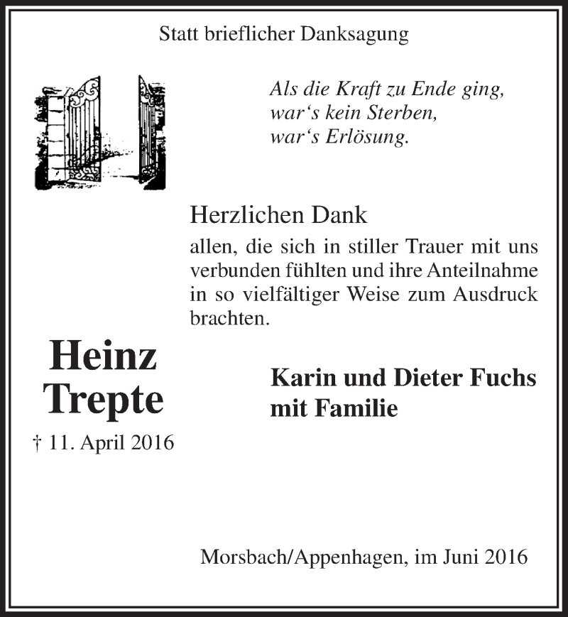  Traueranzeige für Heinz Trepte vom 01.06.2016 aus  Lokalanzeiger 