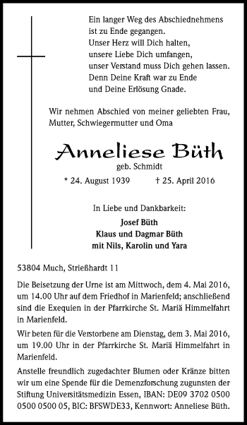 Anzeige von Anneliese Büth von Kölner Stadt-Anzeiger / Kölnische Rundschau / Express