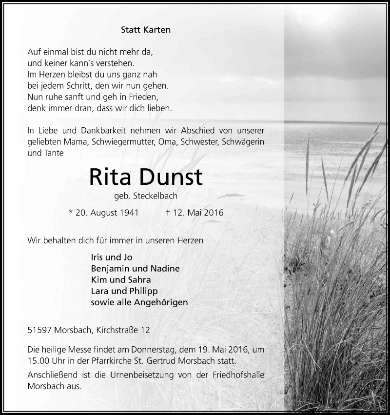  Traueranzeige für Rita Dunst vom 14.05.2016 aus Kölner Stadt-Anzeiger / Kölnische Rundschau / Express