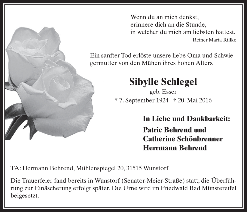  Traueranzeige für Sibylle Schlegel vom 01.06.2016 aus  Werbepost 
