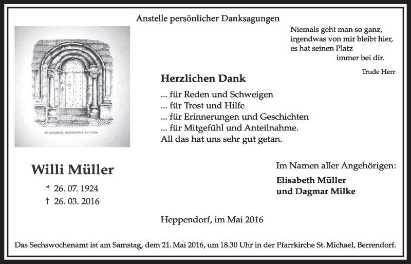  Traueranzeige für Willi Müller vom 14.05.2016 aus  Sonntags-Post 