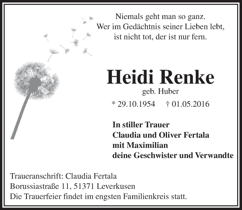  Traueranzeige für Heidi Renke vom 07.05.2016 aus  Leverkusener Wochenende 