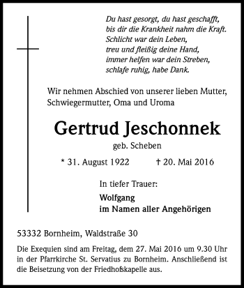 Anzeige von Gertrud Jeschonnek von Kölner Stadt-Anzeiger / Kölnische Rundschau / Express
