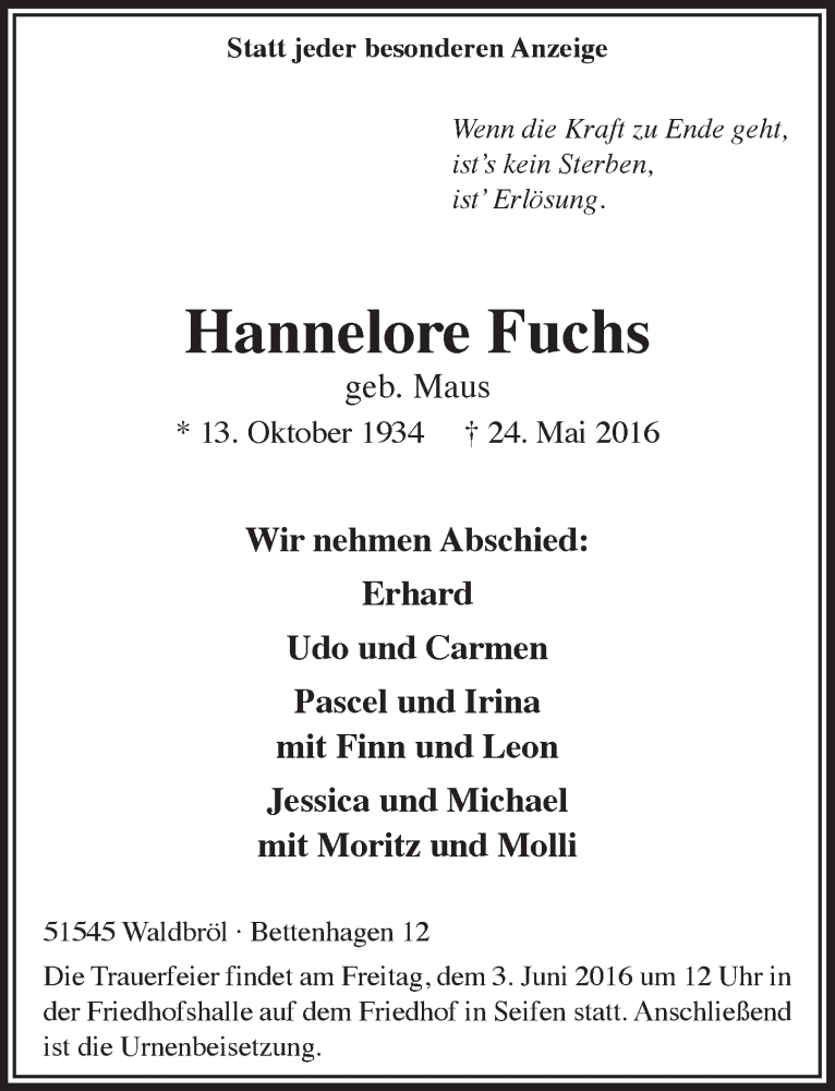  Traueranzeige für Hannelore Fuchs vom 01.06.2016 aus  Lokalanzeiger 
