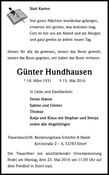 Anzeige von Günter Hundhausen von Kölner Stadt-Anzeiger / Kölnische Rundschau / Express