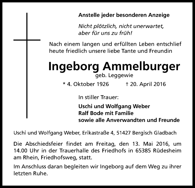  Traueranzeige für Ingeborg Ammelburger vom 07.05.2016 aus Kölner Stadt-Anzeiger / Kölnische Rundschau / Express