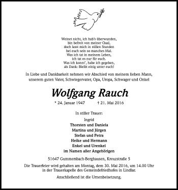 Anzeige von Wolfgang Rauch von Kölner Stadt-Anzeiger / Kölnische Rundschau / Express