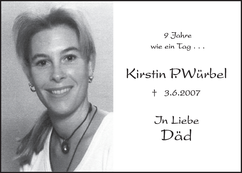  Traueranzeige für Kirstin Würbel vom 01.06.2016 aus  Schlossbote/Werbekurier 