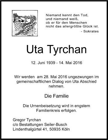 Anzeige von Uta Tyrchan von Kölner Stadt-Anzeiger / Kölnische Rundschau / Express