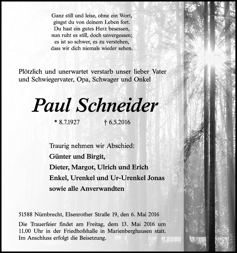  Traueranzeige für Paul Schneider vom 11.05.2016 aus  Lokalanzeiger 