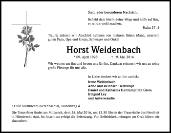 Anzeige von Horst Weidenbach von Kölner Stadt-Anzeiger / Kölnische Rundschau / Express