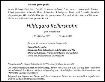 Anzeige von Hildegard Kellershohn von Kölner Stadt-Anzeiger / Kölnische Rundschau / Express