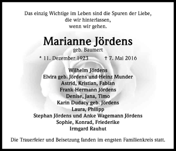 Anzeige von Marianne Jördens von Kölner Stadt-Anzeiger / Kölnische Rundschau / Express