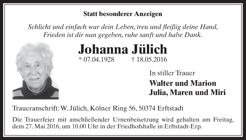  Traueranzeige für Johanna Jülich vom 25.05.2016 aus  Werbepost 