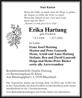 Anzeige von Erika Hartung von  Schaufenster/Blickpunkt 