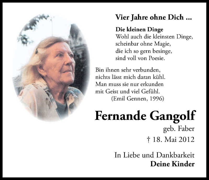  Traueranzeige für Fernande Gangolf vom 21.05.2016 aus Kölner Stadt-Anzeiger / Kölnische Rundschau / Express