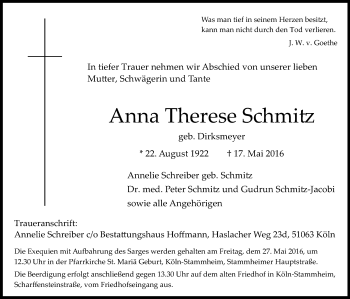 Anzeige von Anna Therese Schmitz von Kölner Stadt-Anzeiger / Kölnische Rundschau / Express