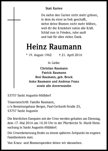 Anzeige von Heinz Raumann von Kölner Stadt-Anzeiger / Kölnische Rundschau / Express