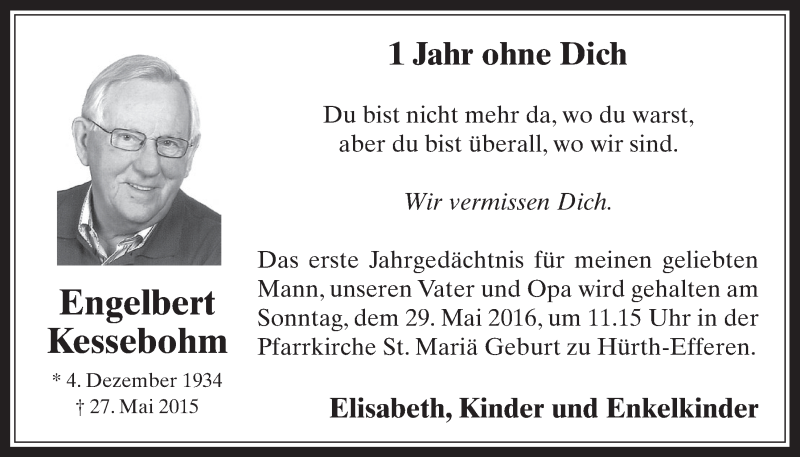  Traueranzeige für Engelbert Kessebohm vom 25.05.2016 aus  Wochenende 