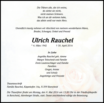 Anzeige von Ulrich Rauchel von Kölner Stadt-Anzeiger / Kölnische Rundschau / Express