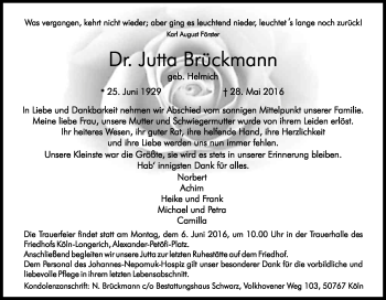 Anzeige von Jutta Brückmann von Kölner Stadt-Anzeiger / Kölnische Rundschau / Express