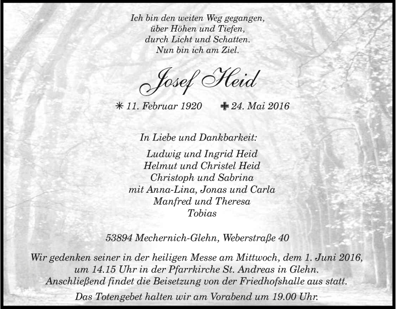  Traueranzeige für Josef Heid vom 28.05.2016 aus Kölner Stadt-Anzeiger / Kölnische Rundschau / Express