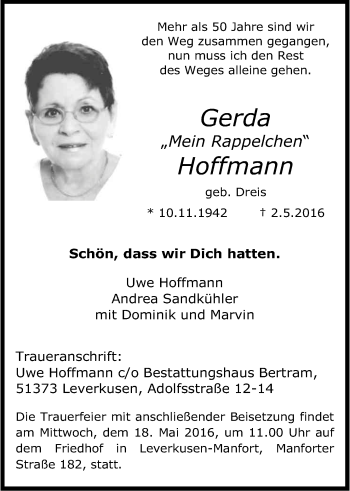 Anzeige von Gerda Hoffmann von Kölner Stadt-Anzeiger / Kölnische Rundschau / Express
