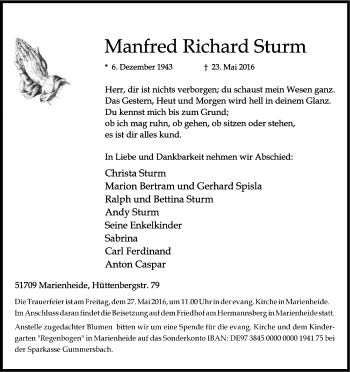 Anzeige von Manfred Richard Sturm von Kölner Stadt-Anzeiger / Kölnische Rundschau / Express