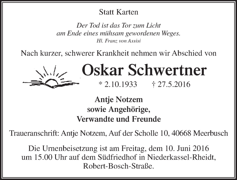  Traueranzeige für Oskar Schwertner vom 01.06.2016 aus  Extra Blatt 