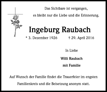 Anzeige von Ingeburg Raubach von Kölner Stadt-Anzeiger / Kölnische Rundschau / Express