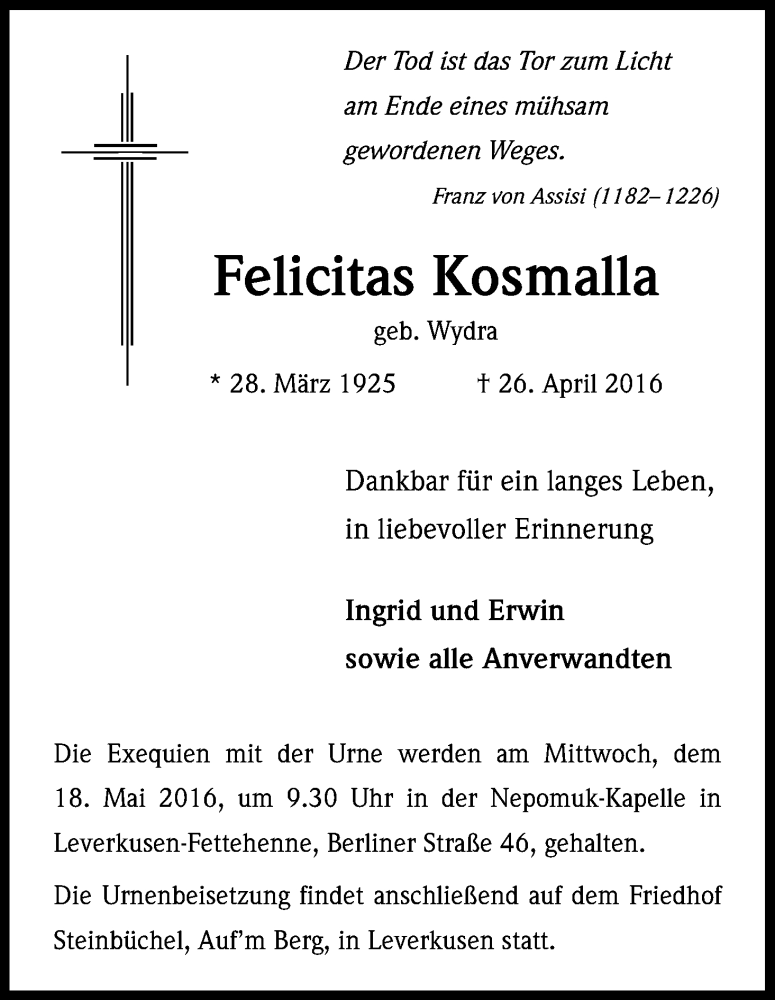 Traueranzeige für Felicitas Kosmalla vom 14.05.2016 aus Kölner Stadt-Anzeiger / Kölnische Rundschau / Express