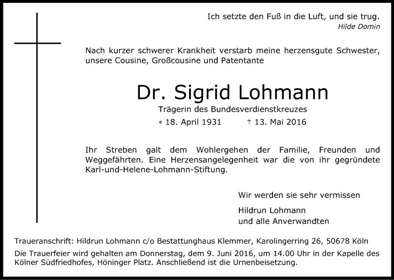  Traueranzeige für Sigrid Lohmann vom 28.05.2016 aus Kölner Stadt-Anzeiger / Kölnische Rundschau / Express
