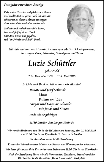 Anzeige von Luzie Schüttler von Kölner Stadt-Anzeiger / Kölnische Rundschau / Express