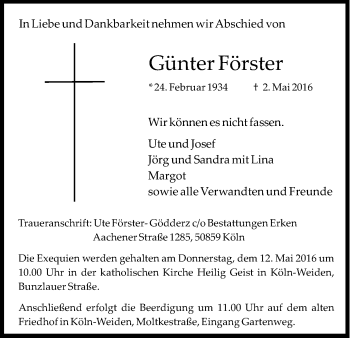 Anzeige von Günter Förster von Kölner Stadt-Anzeiger / Kölnische Rundschau / Express