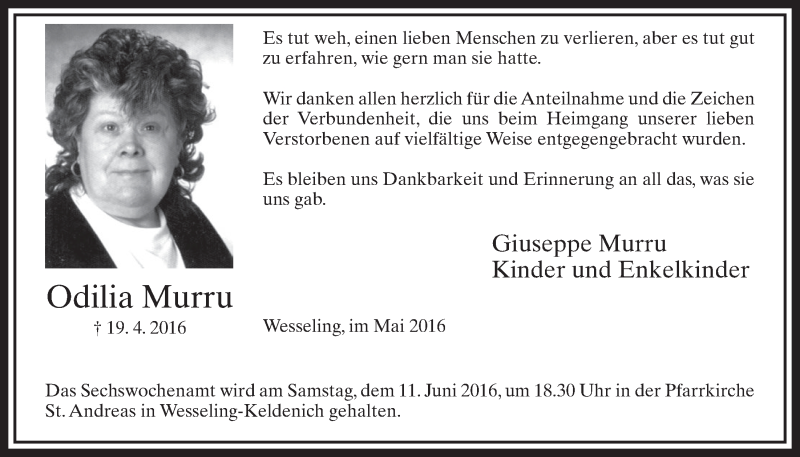  Traueranzeige für Odilia Murru vom 18.05.2016 aus  Schlossbote/Werbekurier 