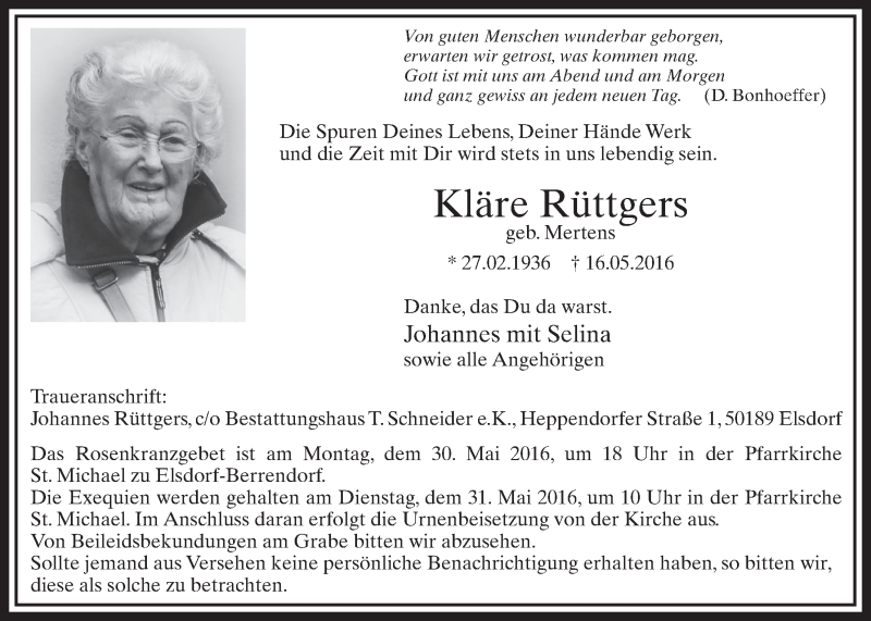  Traueranzeige für Kläre Rüttgers vom 21.05.2016 aus  Sonntags-Post 