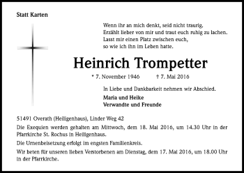 Anzeige von Heinrich Trompetter von Kölner Stadt-Anzeiger / Kölnische Rundschau / Express