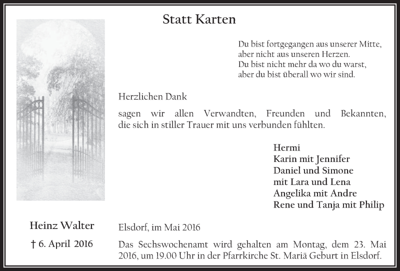  Traueranzeige für Heinz Walter vom 18.05.2016 aus  Werbepost 
