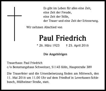 Anzeige von Paul Friedrich von Kölner Stadt-Anzeiger / Kölnische Rundschau / Express