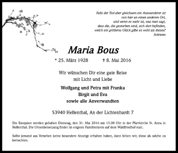 Anzeige von Maria Bous von Kölner Stadt-Anzeiger / Kölnische Rundschau / Express