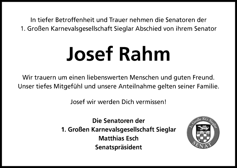  Traueranzeige für Josef Rahm vom 28.05.2016 aus Kölner Stadt-Anzeiger / Kölnische Rundschau / Express