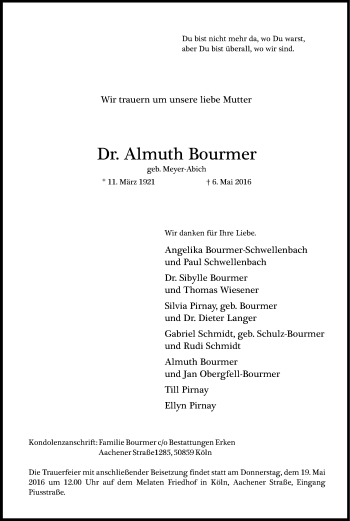 Anzeige von Almuth Bourmer von Kölner Stadt-Anzeiger / Kölnische Rundschau / Express