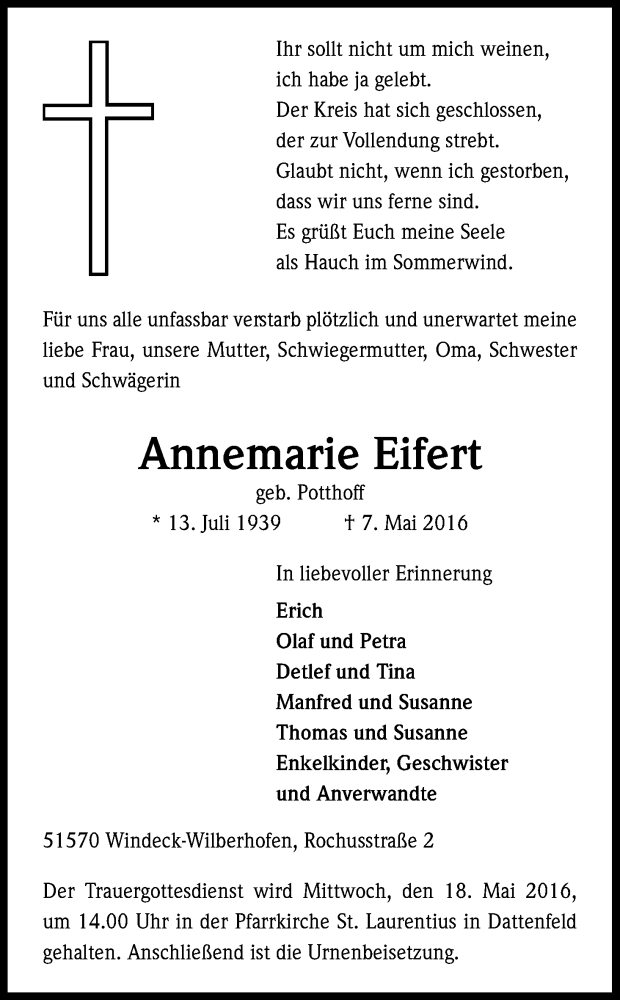  Traueranzeige für Annemarie Eifert vom 14.05.2016 aus Kölner Stadt-Anzeiger / Kölnische Rundschau / Express