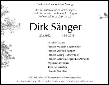 Anzeige von Dirk Sänger von Kölner Stadt-Anzeiger / Kölnische Rundschau / Express