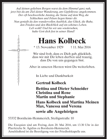 Anzeige von Hans Kolbeck von  Schaufenster/Blickpunkt 