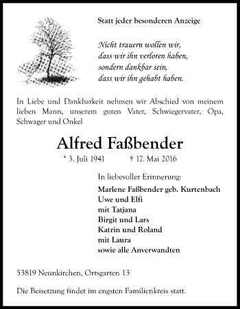 Anzeige von Alfred Faßbender von Kölner Stadt-Anzeiger / Kölnische Rundschau / Express